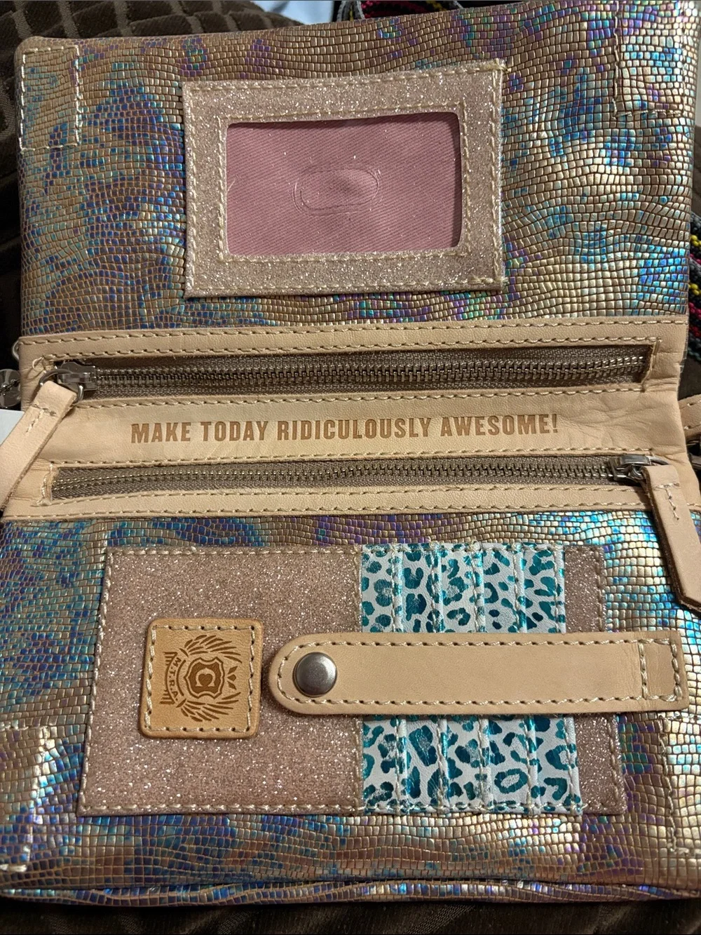 Consuela Iridescent Lizard-Embossed Wristlet - Gold with Blue & Purple Shimmer
